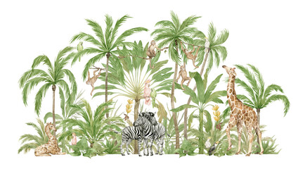 Fototapety  Zwierzęta akwarelowe safari i tropikalne palmy. Kompozycje z dżungli. Żyrafa, zebra, małpa, papuga. Jasna letnia egzotyczna dżungla.