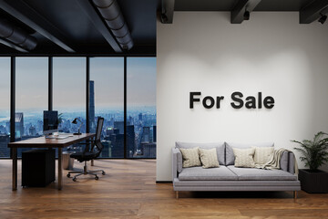modern luxury loft with skyline view, wall with for sale lettering, 3D Illustration