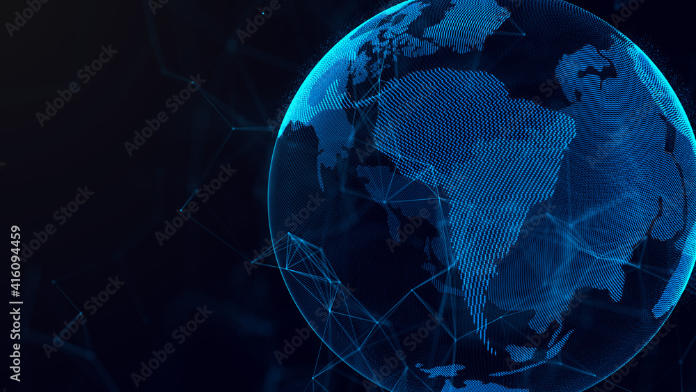 Aufkleber global network connection. blue futuristic world map. concept of planet earth. 3d rendering.