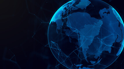 Global network connection. Blue futuristic world map. Concept of planet Earth. 3D rendering.