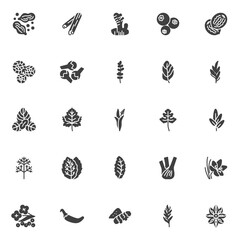 Spices and herbs vector icons set, modern solid symbol collection, filled style pictogram pack. Signs, logo illustration. Set includes icons as pepper condiment, cardamom spice, thyme herb, basil leaf