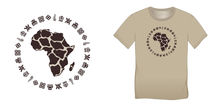 Print on t-shirt graphics design, Africa Map Globe with Adinkra symbols, African hieroglyphs motive image, isolated on white background raster