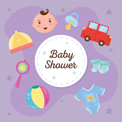 baby shower lettering with set icons around vector illustration design