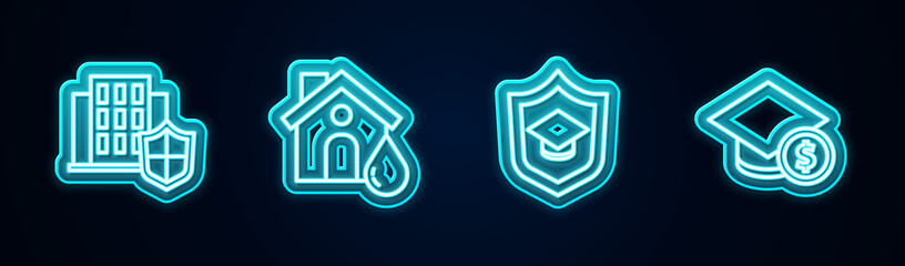 Set line House with shield, flood, Graduation cap and and coin. Glowing neon icon. Vector.