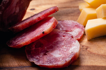 salami in a traditional route stall Argentine food of meat and fat in animal gut