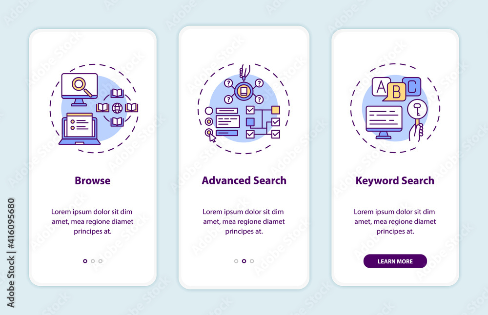 Poster online library search types onboarding mobile app page screen with concepts. advanced search walkthr