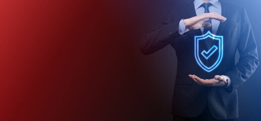Protection network security computer in the hands of a businessman. business, technology, cyber security and internet concept - businessman pressing shield button on virtual screens Data protection