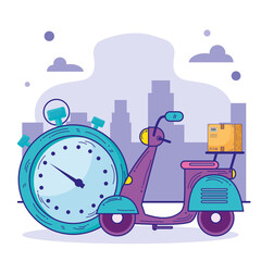 Naklejka premium motorcycle and chronometer delivery service vector illustration design