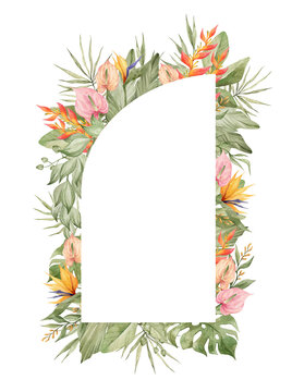 Watercolor floral frame with  bright tropical flower, strelitzia, monstera, palm leaf. Botanical arrangement for wedding invite, greeting, card, logo. Decorative ornament template. Summer floral frame
