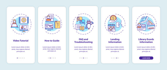 Online library helpline onboarding mobile app page screen with concepts. FAQ and Troubleshooting walkthrough 5 steps graphic instructions. UI vector template with RGB color illustrations