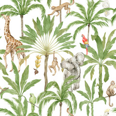 Watercolor seamless pattern with African animals and palm trees. Giraffe, elephant, monkey, parrot, banana and coconut palms. Wild jungle flora and fauna. Deep tropical green rainforest.