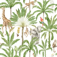 Behang Tropische print Aquarel naadloze patroon met Afrikaanse dieren en palmbomen. Giraf, olifant, aap, papegaai, banaan en kokospalmen. Wilde jungleflora en -fauna. Diep tropisch groen regenwoud.