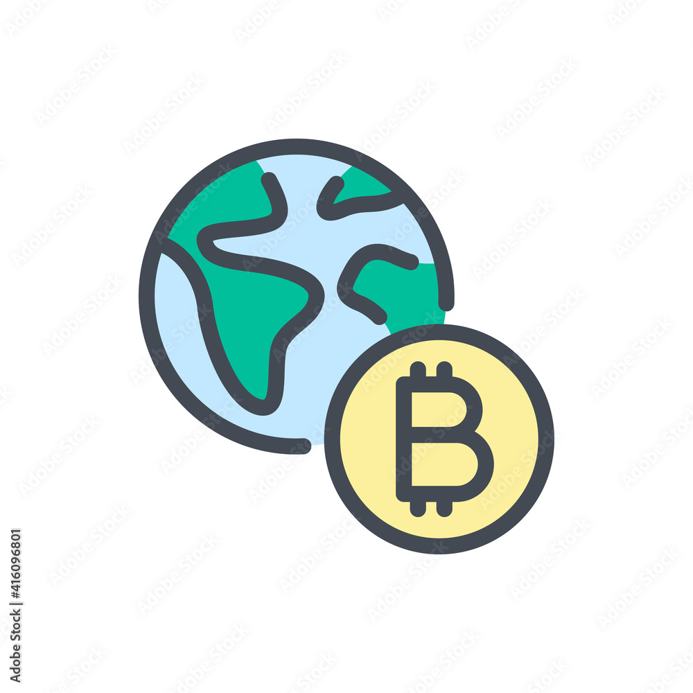 Poster bitcoin and earth planet color line icon. international currency vector outline colorful sign.