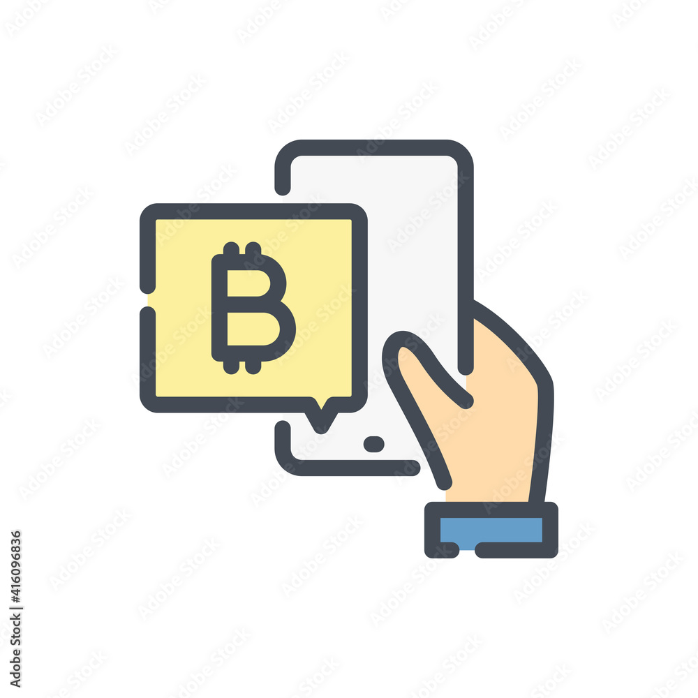 Poster bitcoin mobile trading color line icon. hand holding mobile phone with bitcoin vector outline colorf