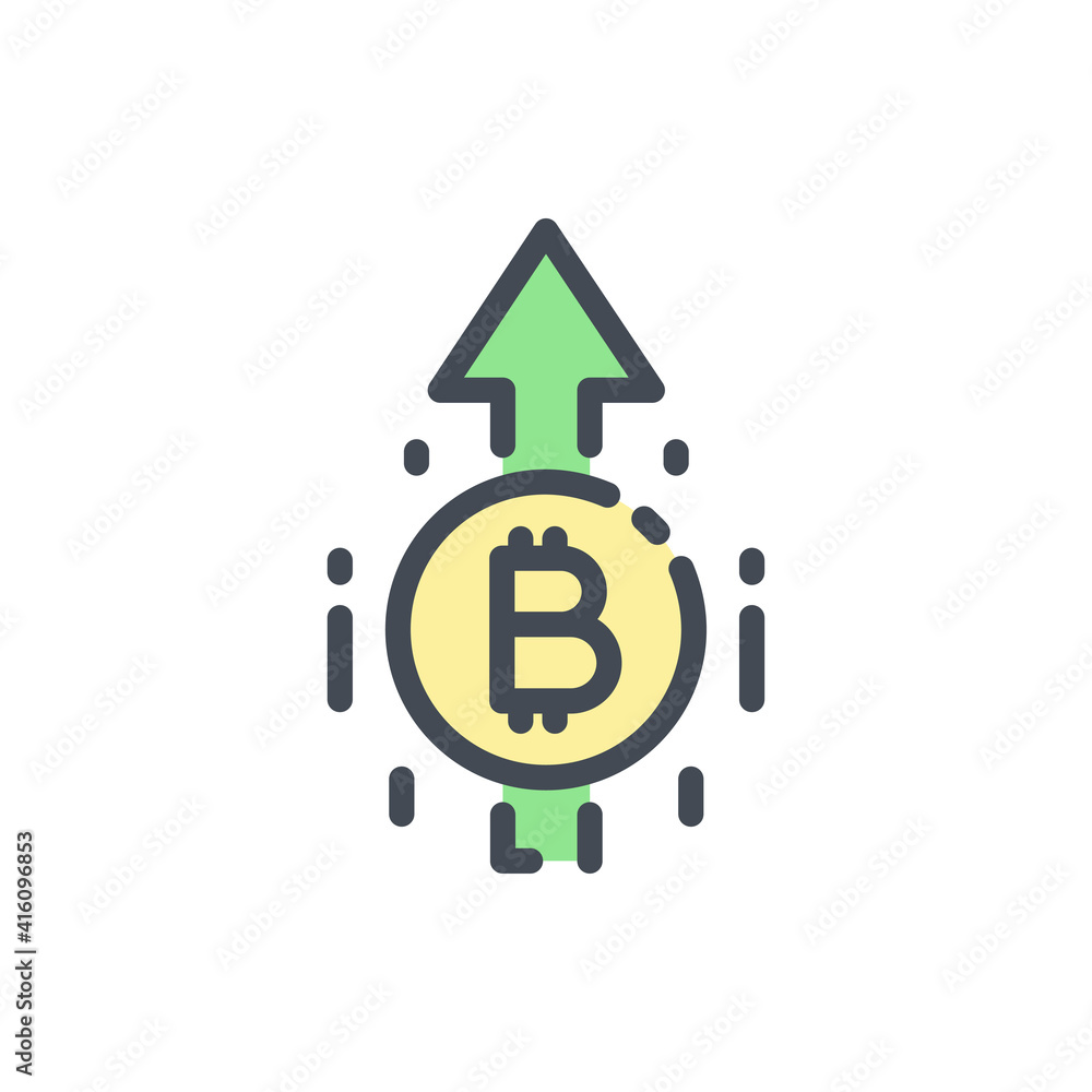 Poster Bitcoin with arrow up color line icon. Cryptocurrency market goes up vector outline colorful sign.