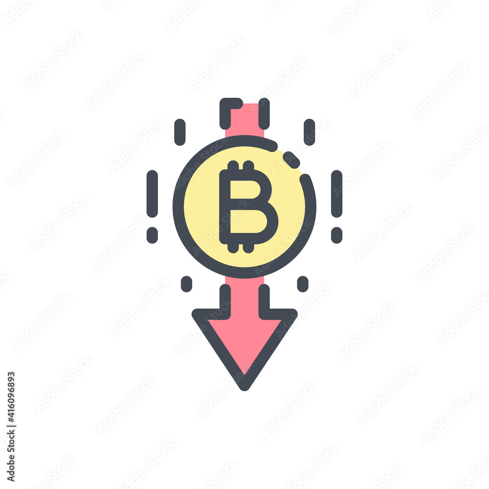 Poster bitcoin with arrow down color line icon. cryptocurrency market goes down vector outline colorful sig