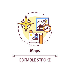 Maps concept icon. Online library catalogue idea thin line illustration. Assembling a variety of cards. Compilation of different maps. Vector isolated outline RGB color drawing. Editable stroke