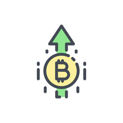 Bitcoin with arrow up color line icon. Cryptocurrency market goes up vector outline colorful sign.