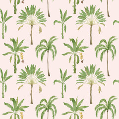 Watercolor seamless pattern with palm trees. Tropical jungle background. Coconut and banana palms. Exotic summer foliage, tropical forest landscape