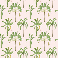 Watercolor seamless pattern with palm trees. Tropical jungle background. Coconut and banana palms. Exotic summer foliage, tropical forest landscape