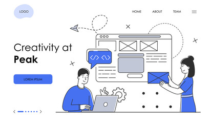 Male and female characters are creative at peak. Man and woman are working on website interface together. Website, web page, landing page template. Flat cartoon vector illustration