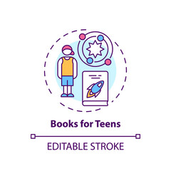 Books for teens concept icon. Online library categories idea thin line illustration. Science literature. Important educational matherials. Vector isolated outline RGB color drawing. Editable stroke