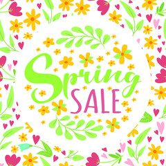 Seamless pattern background with spring floral elements in simple flat hand drawn style and lettering Spring Sale vector. Round banner, flyer template, social media post springtime design.