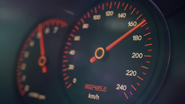Close-up dashboard in the car at night. Car acceleration to maximum speed.
Speedometer and tachometer acceleration animation.
High-quality Ultra HD, 4K 3840x2160 