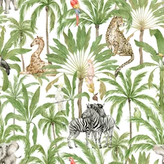 Behang Tropische print Aquarel naadloze patroon met Afrikaanse dieren en palmbomen. Giraf, olifant, zebra, luipaard, papegaai, banaan en kokospalmen. Wilde jungleflora en -fauna. Diep tropisch groen regenwoud.