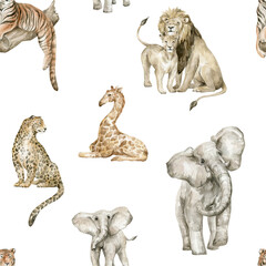 Watercolor seamless pattern with wild African animals. Elephant, lions, tiger, leopard, giraffe. Background with wildlife nature