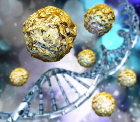 Stem cells on the background of DNA, undifferentiated cells, immature cells, 3D rendering