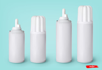 Whipped cream bottle cans on blue background. 3d realistic vector illustration of sweet dairy product. Mockup of whipped cream package.