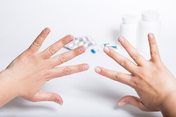 Refuse medication. Hands stops pills and drugs.