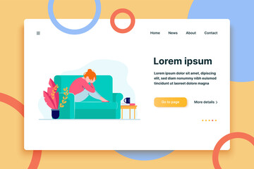 Young depressed woman sitting on sofa and holding head. Depression, health, problem flat vector illustration. Stress and emotion concept for banner, website design or landing web page
