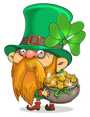Vector cartoon. Postcard for St. Patrick's Day. Cute Irish Leprechaun and a pot of gold coins.