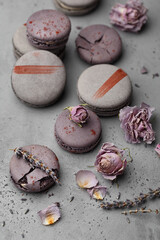 Fototapeta na wymiar Gray and lilac macarons with dried rose buds and lavender flowers on gray concrete background. Side view, selective focus