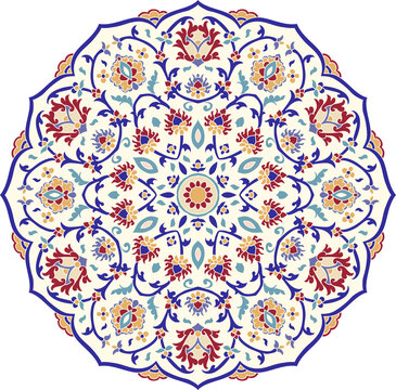 Floral hand drawn Mandala. Turkish motif. Round colorful floral ornament in traditional Oriental pattern. Isolated decorative element for card design, t-shirt print, ceramic tile.