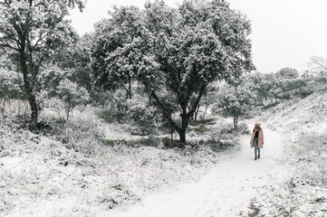 Obraz premium Woman in outerwear walking in snowy woods