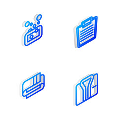Set Isometric line Bathroom scales, Bar of soap, Towel stack and Bathrobe icon. Vector.