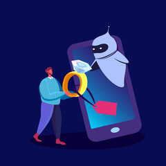 Man Buy Wedding Dimond Ring for Woman Online. Robot Cyborg Sell Jewelry for Engagement and Marriage in Mobile App. Artificial Intellect Help Make Purchase. Chat bot Shopping. Flat vector illustration