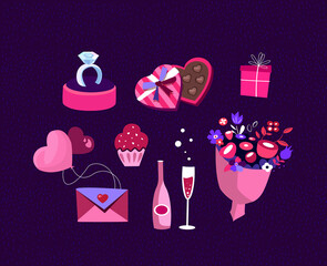 Valentine's Day Set of Festive Romantic Elements for Romantic Dinner,Dating.Wedding Ring,Valentine Envelope,Heart Shape Balloon,Champagne,Sweet Chocolate Candy. Invitation,Brochure Vector Illustration