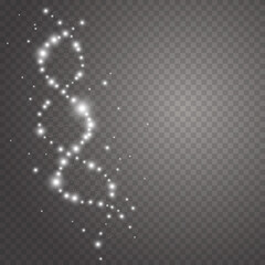 Structure molecular DNA with glowing sparkles isolated on transparent background. Abstract vector spiral gene light effect. White shine chromosome helix icon