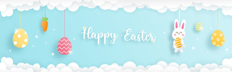 Easter horizontal banner with cute rabbit and colorful Easter eggs paper cut concept. 