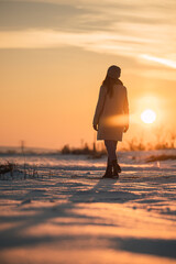 Fototapeta premium Woman enjoying sunset in snowy field