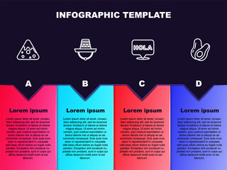 Set line Nachos, Mexican sombrero, Hola and Avocado fruit. Business infographic template. Vector.