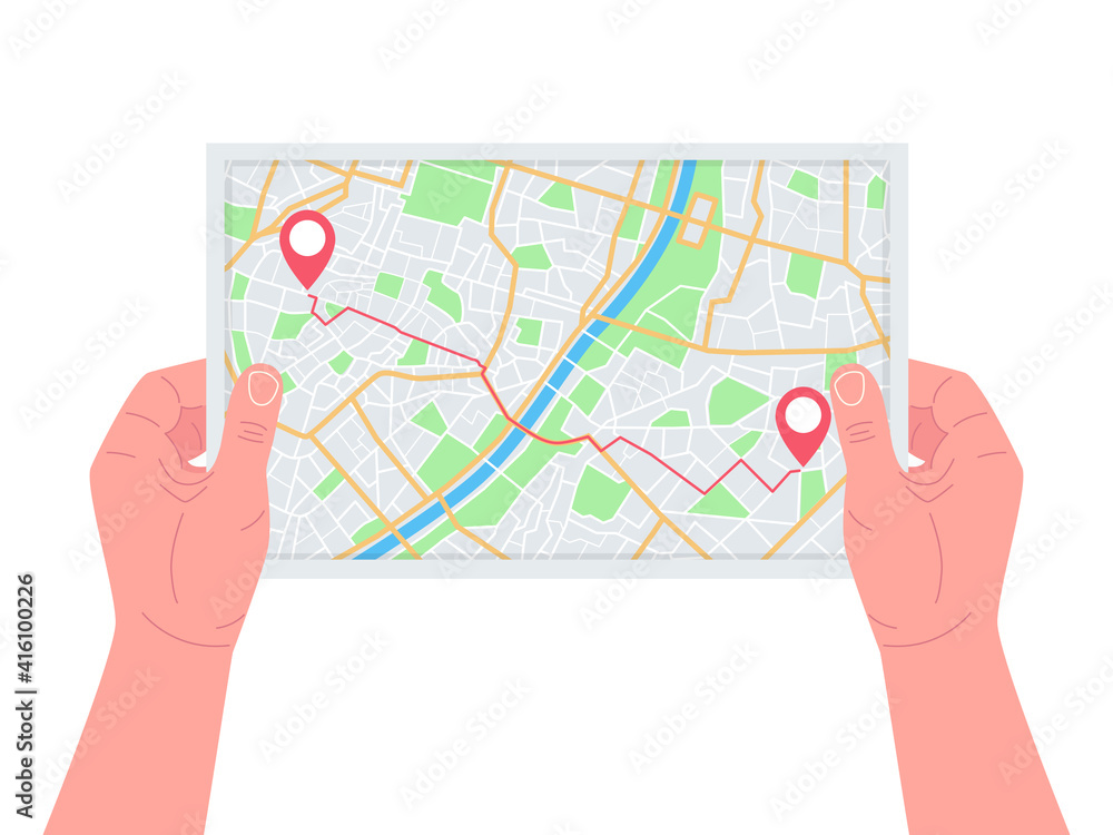Poster man holding a city map in his hands with two points navigation. finding the way concept. vector.