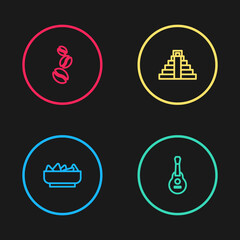 Set line Nachos in bowl, Mexican guitar, Chichen Itza Mayan and Coffee beans icon. Vector.