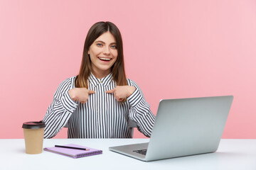 Happy positive woman office worker pointing at herself and smiling proudly, boasting job...