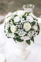 White wedding bouquet, floral party decorations, white roses