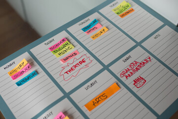 Colorful weekly timetable for scholar classes and freetime with colorful posts and handwritten...
